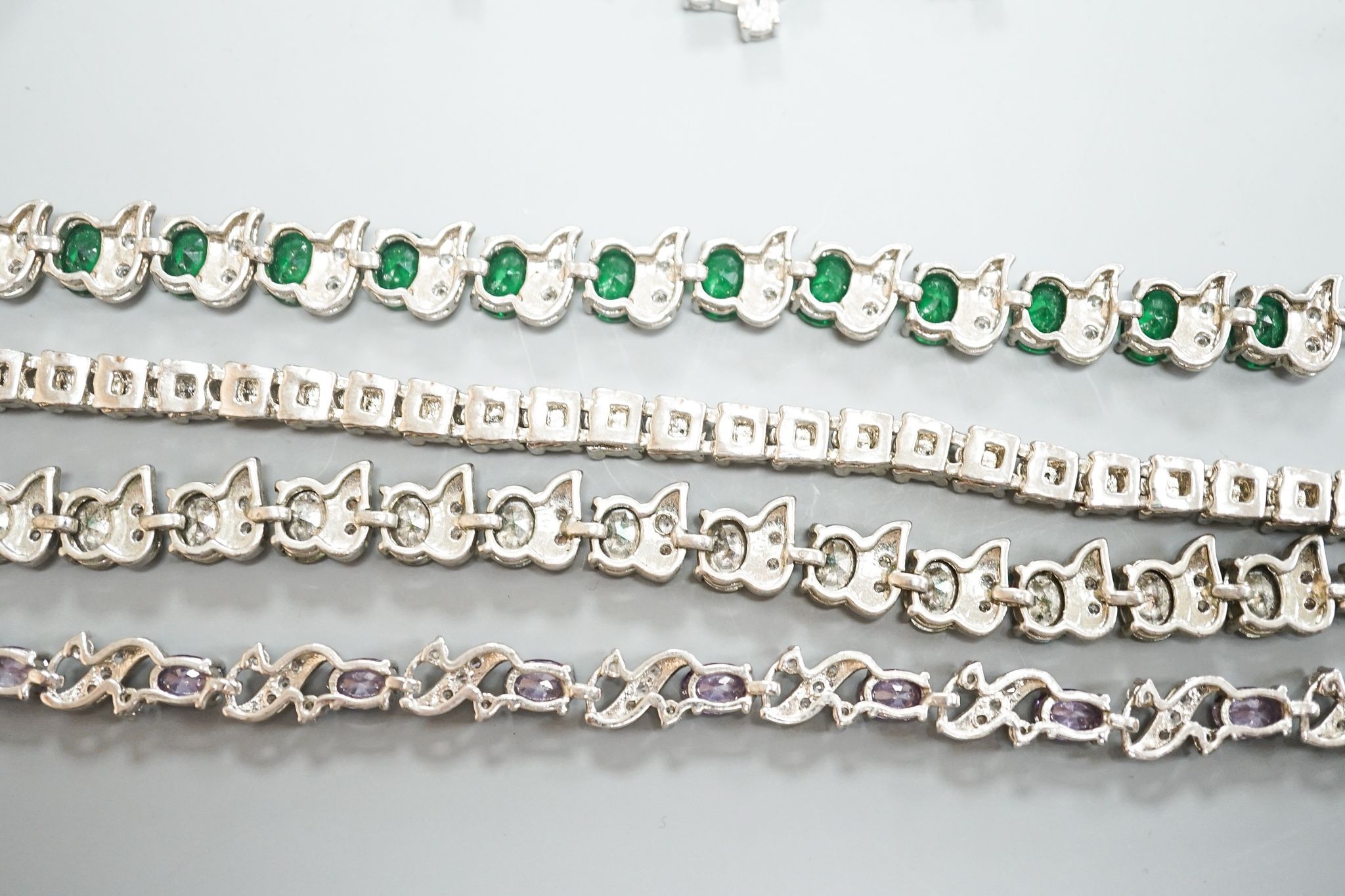 A small group of 925 or white metal and paste set jewellery, including necklaces, bracelets and earrings.